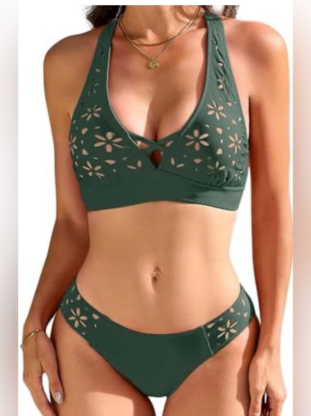 RIHOAS Dark Green Floral Cutout Halter Bikini Set